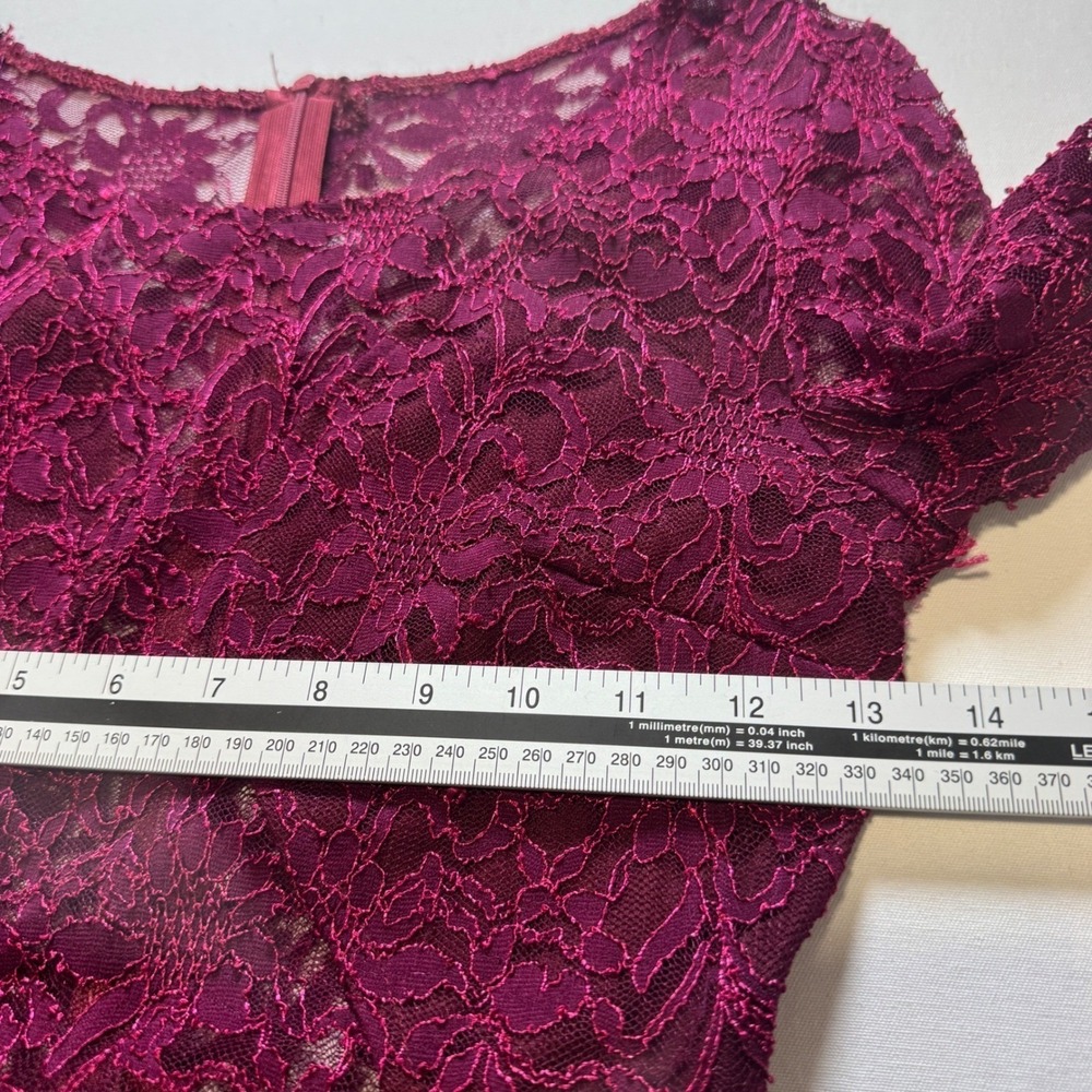 Burgundy Floral Lace Long Sleeve Bodycon Sheath Dress XS Cocktail Wedding Guest - Picture 6 of 9